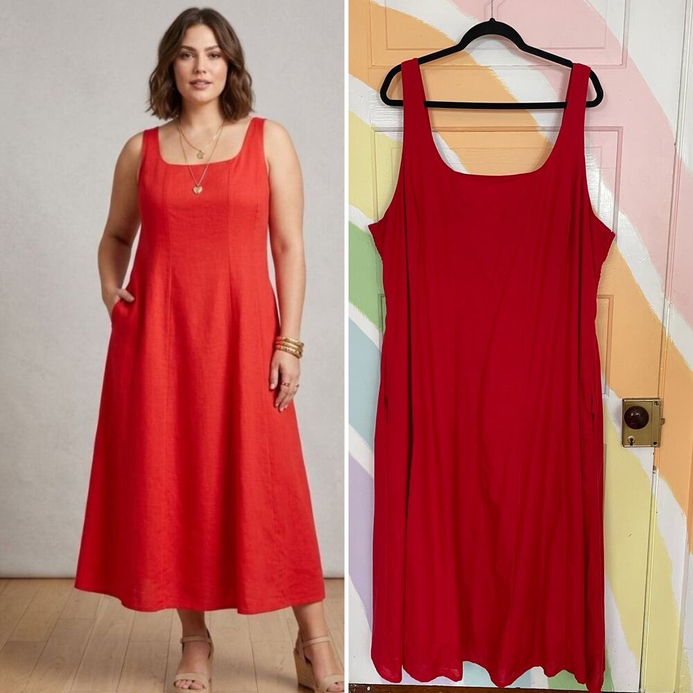 ✨LEA Linen Blend Midi Minimalist Square Neck A-Line Fit & Flare Dress Sz 3X